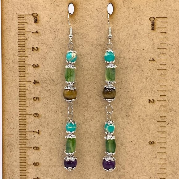 Long Dangle Stone & Glass Beads Handmade Pierced Earrings LR135 - Picture 3 of 4